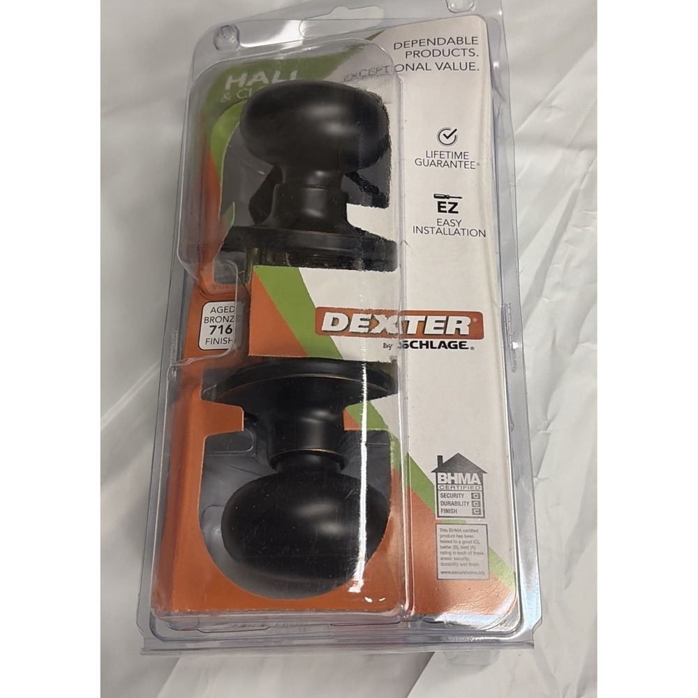 Schlage Dexter HALL & CLOSET Antique-Brass Finish Knob Set Open Box